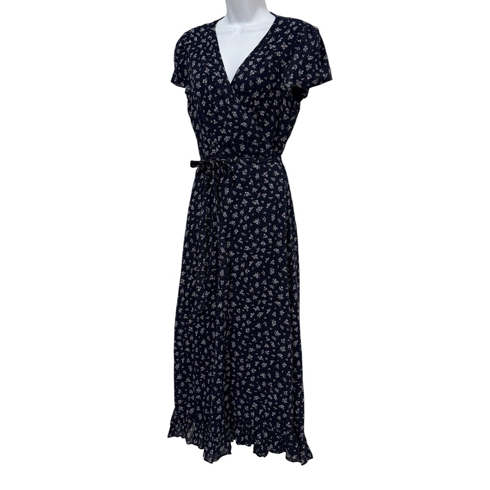 Polo Ralph Lauren Floral Wrap Dress 10 Navy Midi Cottagecore Cotton Ruffle - Picture 3 of 13